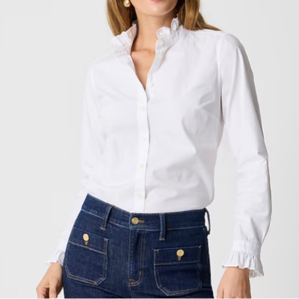 J crew white ruffle button up top